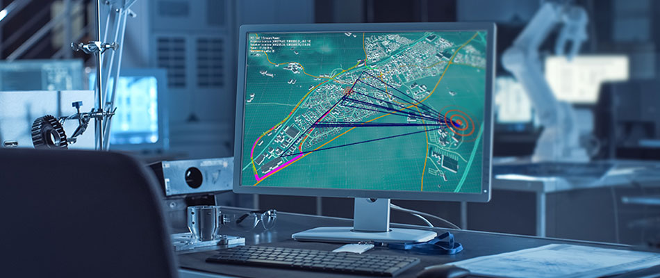 Monitor shows a radar simulation defense solution used for AI-enabled digital superiority and RF spectrum dominance.