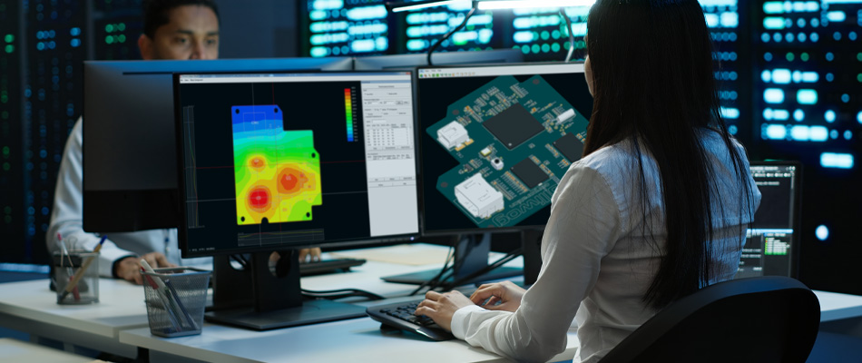 Women at monitors show a PCB simulation using a fast technology insertion method that leverages HPC for defense.