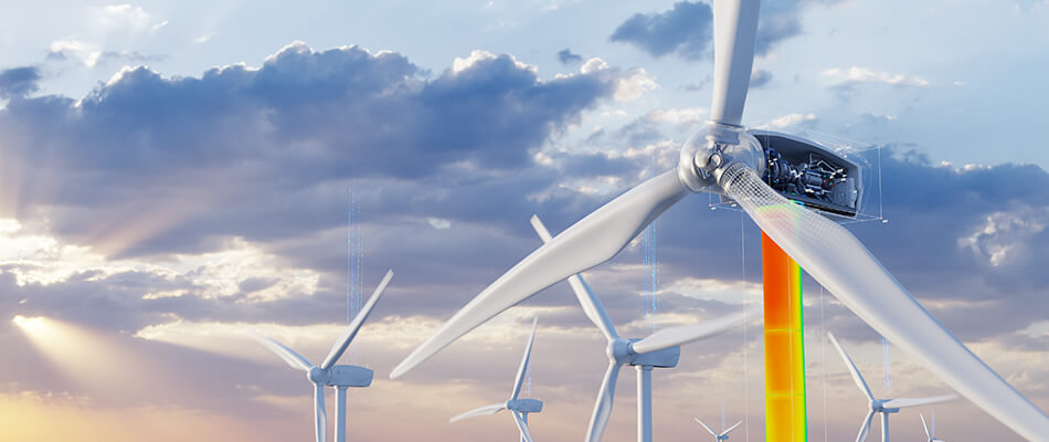 Wind turbines; foreground turbine has exposed drivetrain and stress results on column depicting energy simulation software.